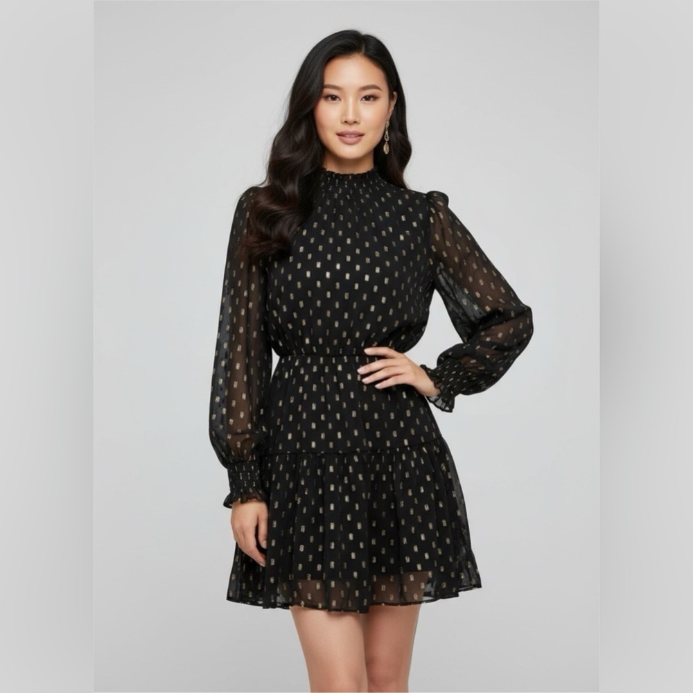 O.P.T Women’s Black & Gold Metallic Mock Neck Long Sleeve Cocktail Dress Sz XS